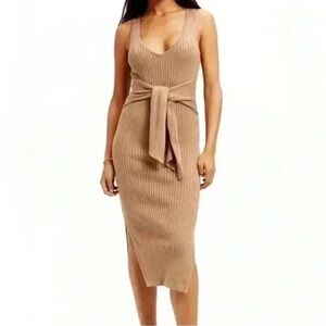 Good American Ribbed Knit Tie Waist V-Neck Sleeveless Taupe Midi Dress Sz 2